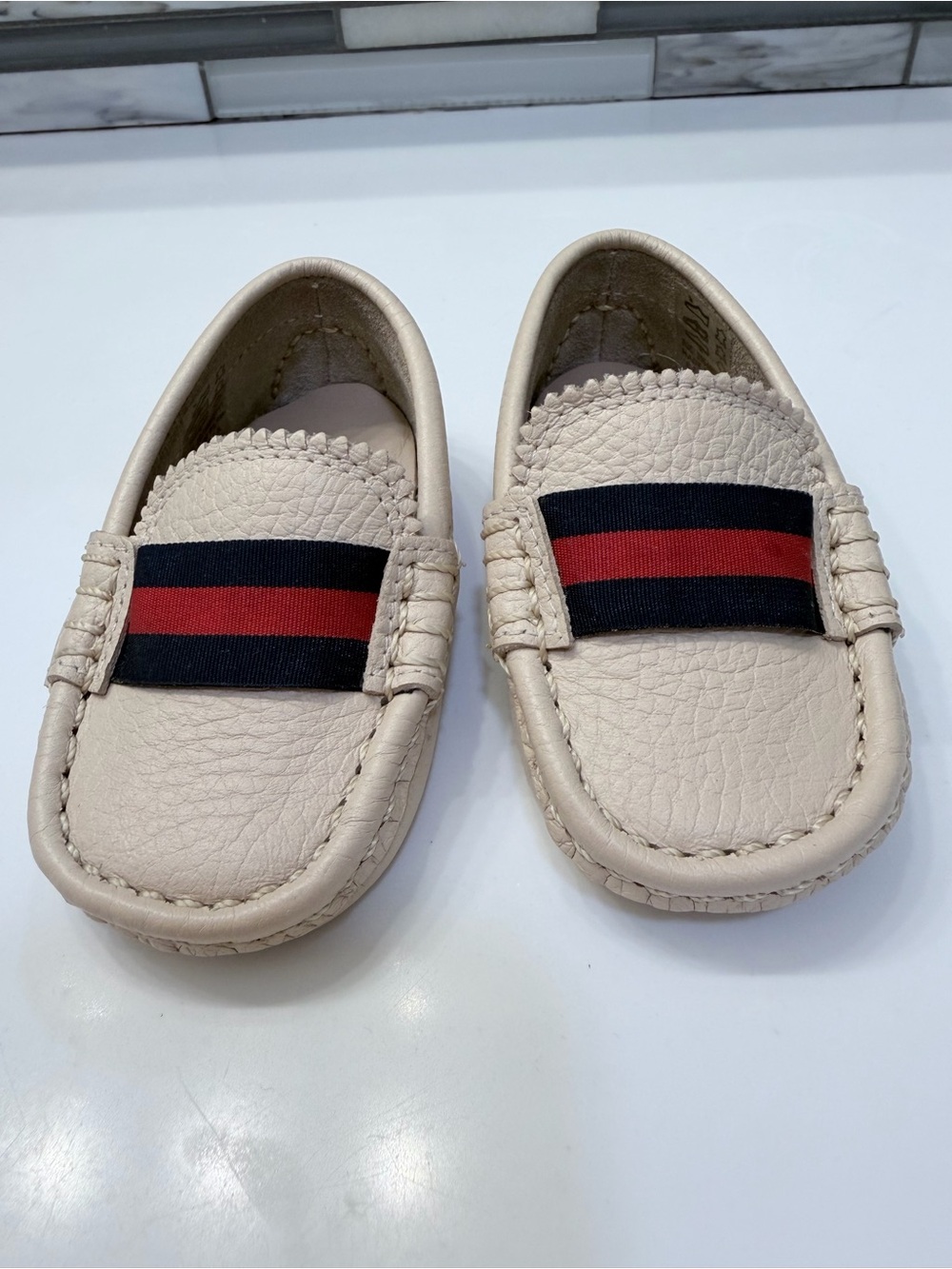 Elephantito Cream Moccasins with Navy & Red Stripe